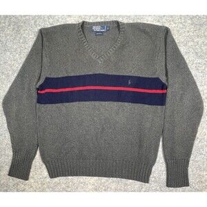 Vintage Polo By Ralph Lauren Sweater Mens Large 100% Cotton Gray Blue/Red Stripe